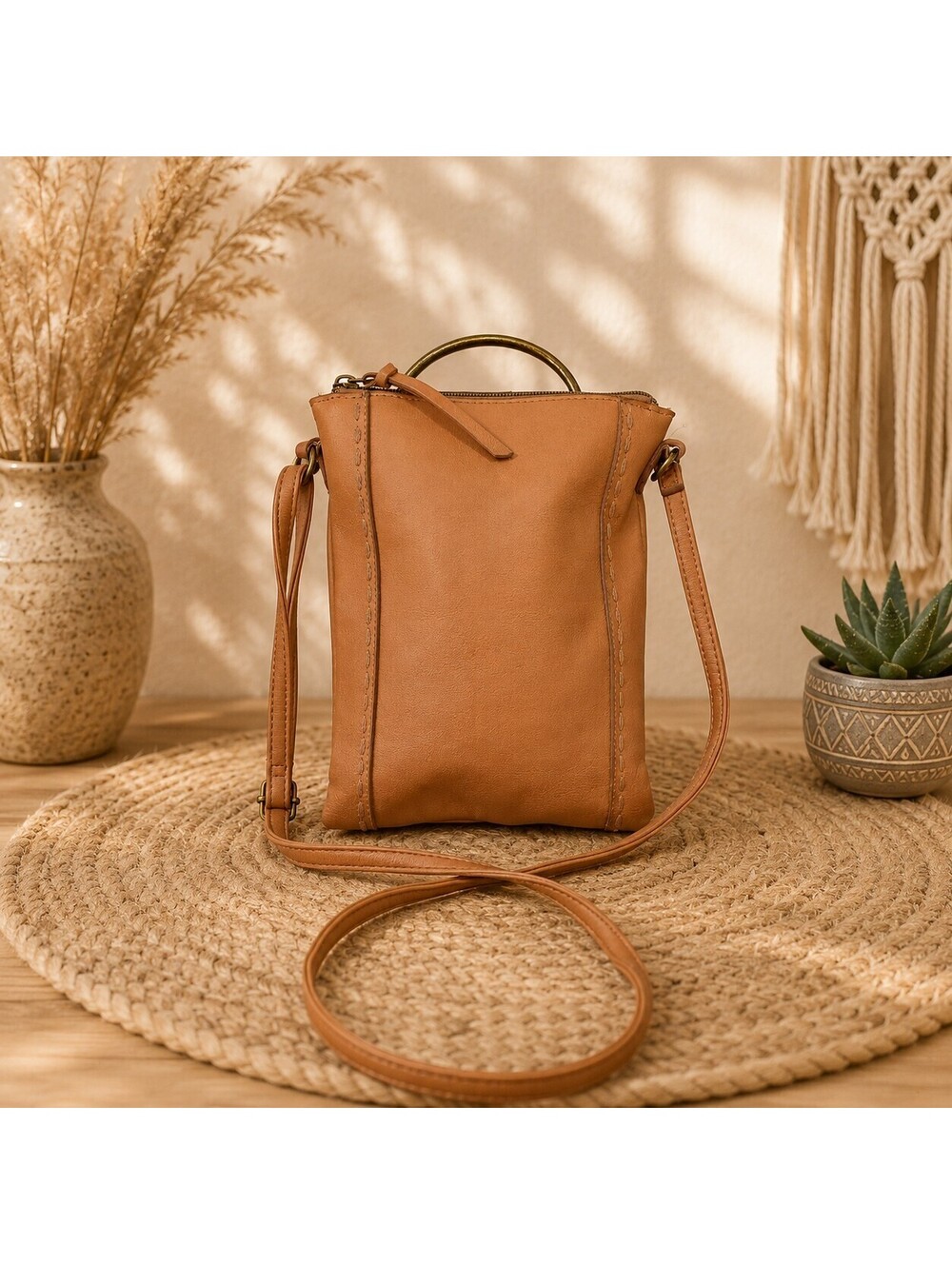 T-Shirt & Jeans Desert Artisan Double Zip Ring Crossbody Bag Coral Cognac Purse
